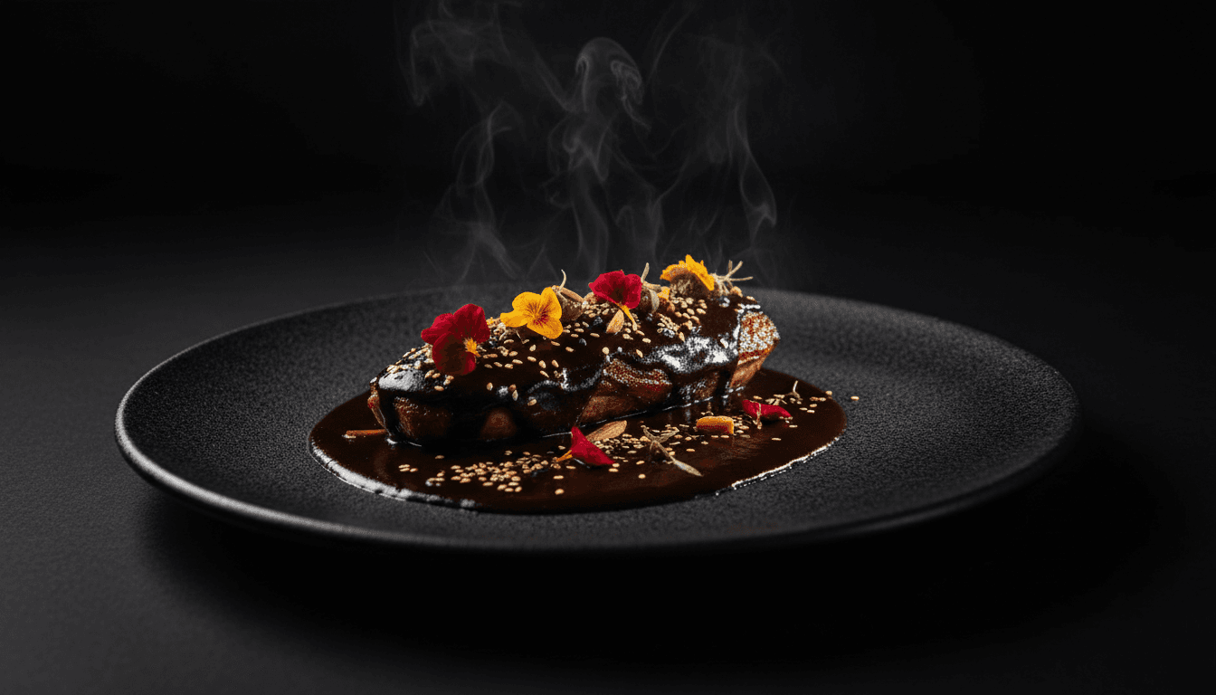 Plato de Mole Negro presentado elegantemente